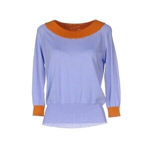 JUCCA Woman's Lilac 100% Cotton Brown Trim Boat Neck 3/4 Sleeve Sweater Top Sz L